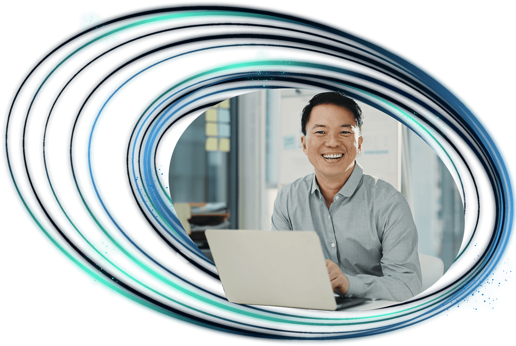 A happy man using a laptop